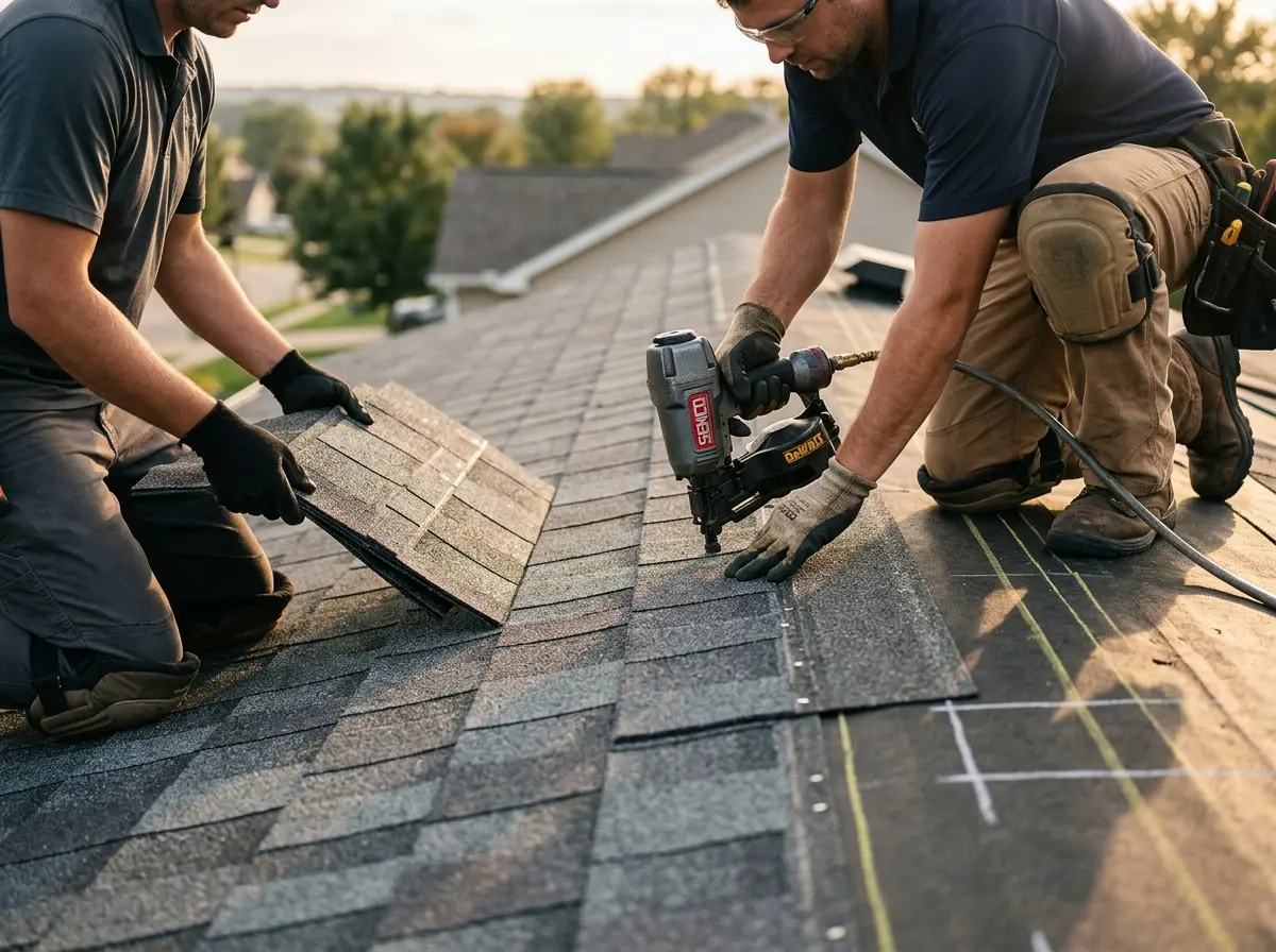 Professional roofer working on a residential roof in St. Francis